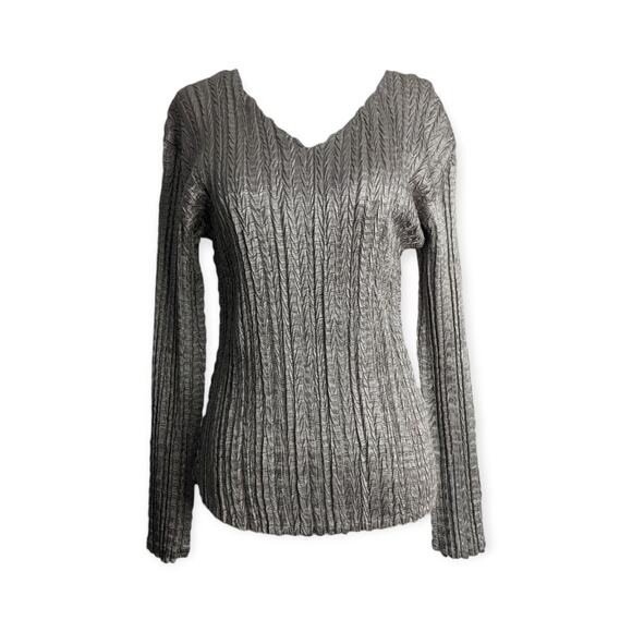 Y2K Silver Shimmer Crinkle Blouse - Picture 1 of 8